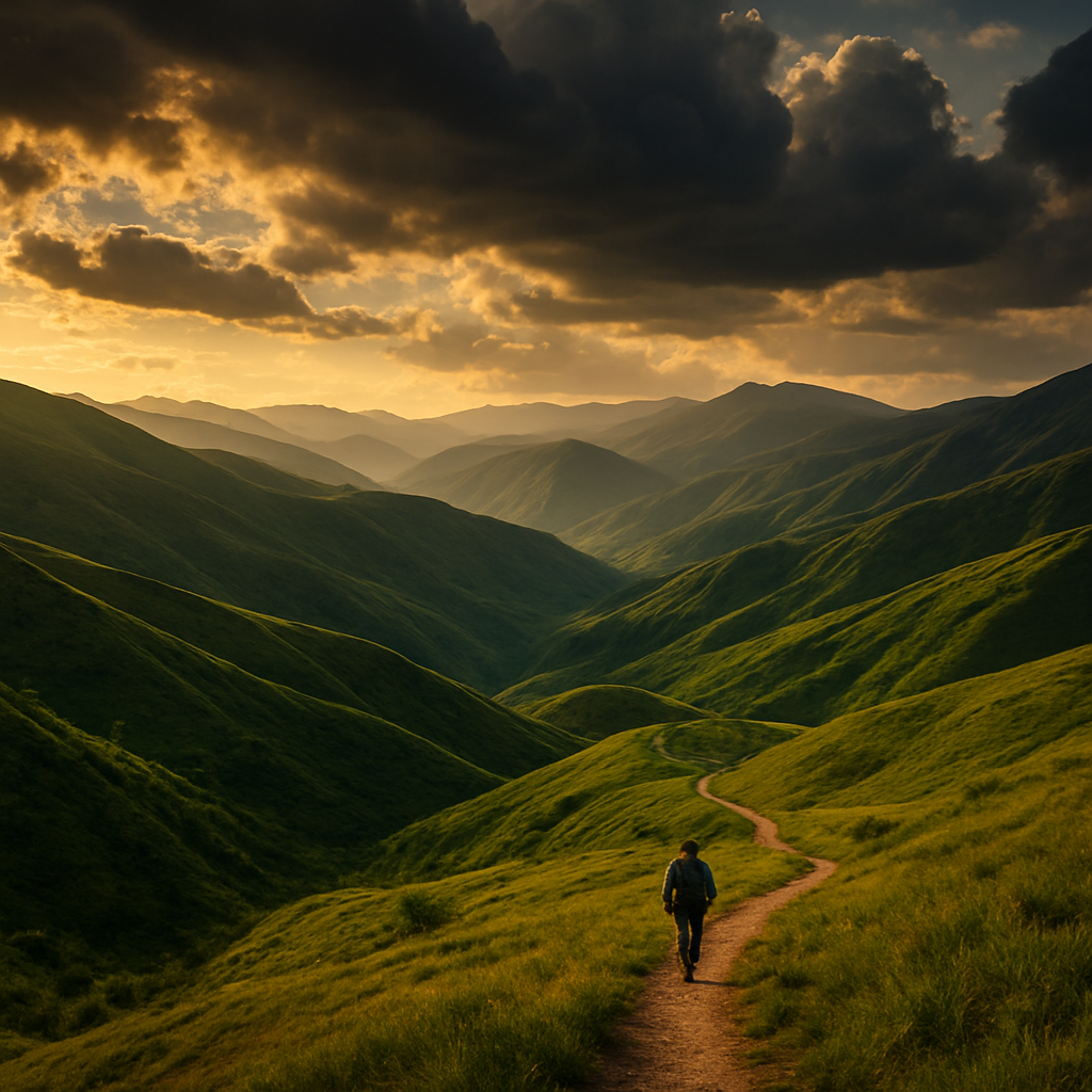 Layered green ridgelines of the Armenian mountains at golden hour